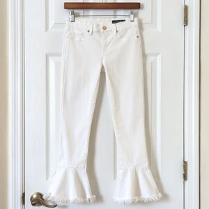 Blank NYC Flirty Low Rise Slim Fit Cropped Flared Raw Ruffle Hem Jeans White 25